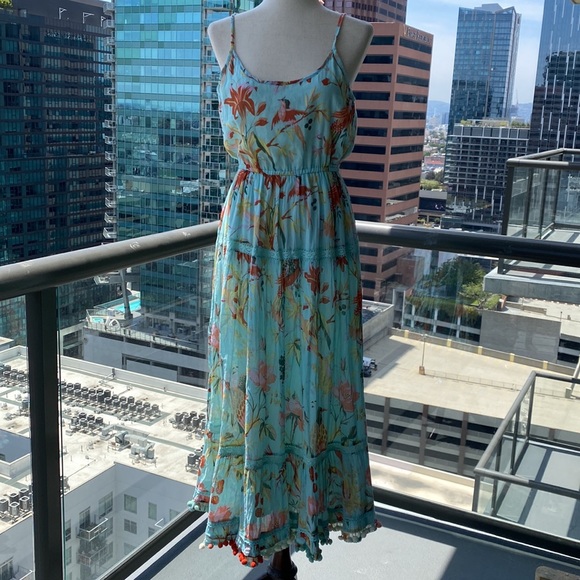 Maxi Spring Boho Dress in Tropical Bird Print Fabric Trimmed in Lace - Small - Picture 4 of 17